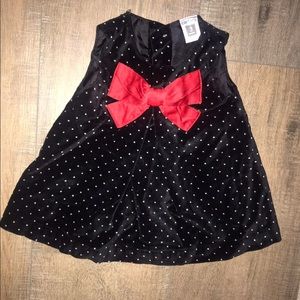 5/$25♥️ Vintage Retro Black Polka Dot Velvet Red Bow Holiday Baby Dress